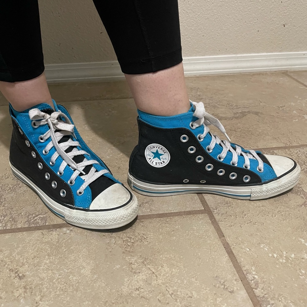 Black and blue high top double lip Chuck Taylors (Unisex)